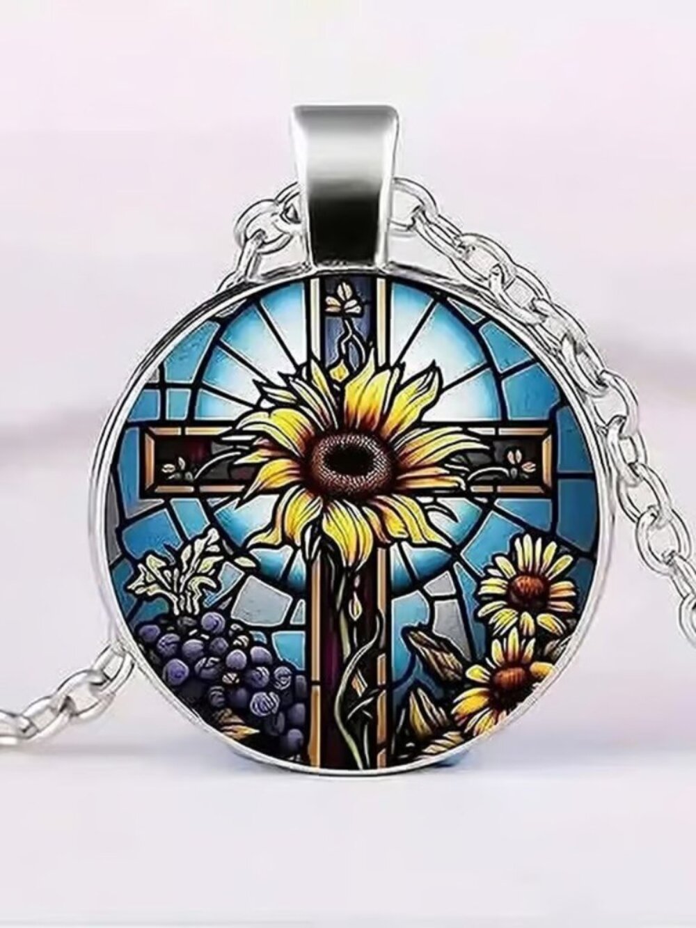 Silver CROSS Sunflowers Glass Cabochon Pendant Necklace
